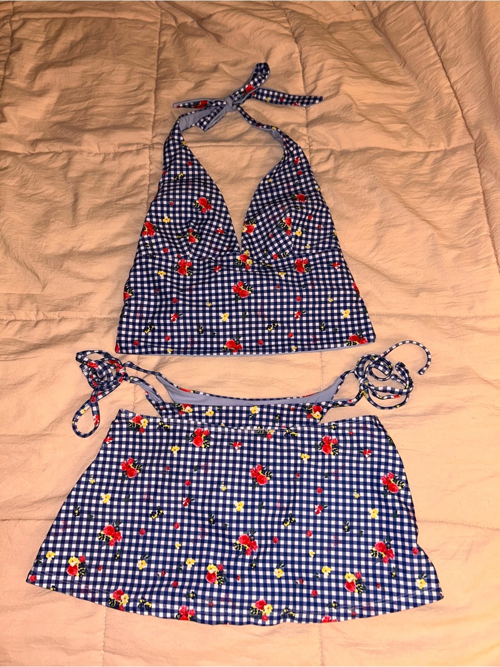 Seamolly Blue Gingham Floral Halter Swim Top and Skirt Set